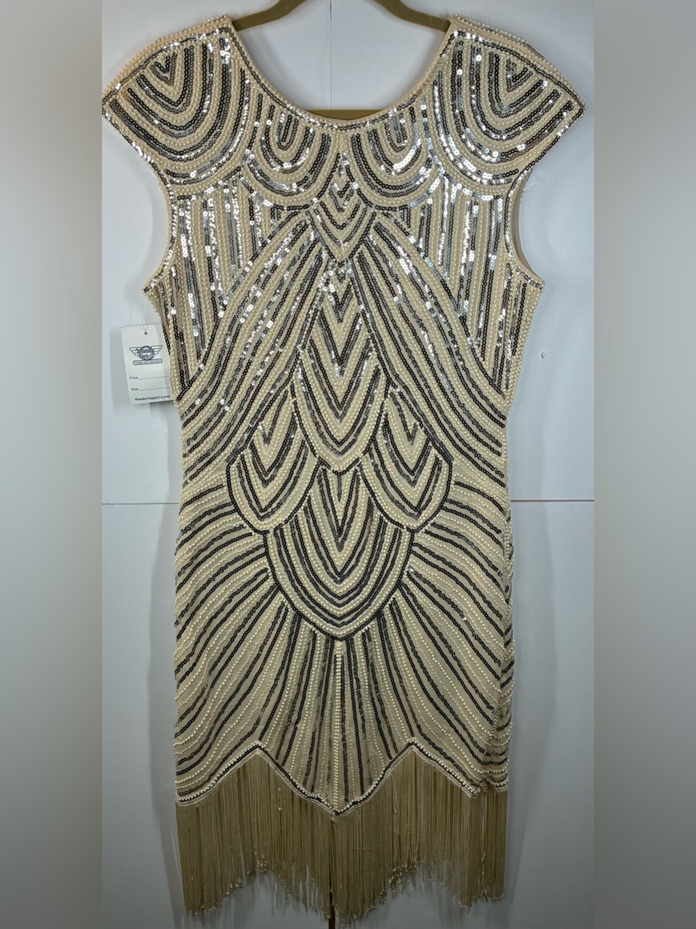 Vintage Style XL Sequin Beaded Fringe Flapper Dress Gatsby Art Deco Nude Gold